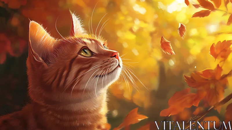 Golden light illuminates a ginger cat observing drifting leaves