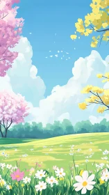 Bright spring meadow with flowers and blossoming trees.