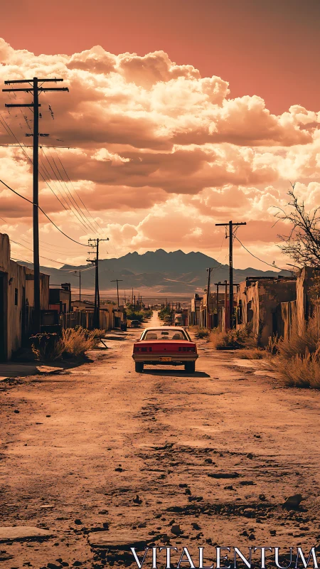Old red car on dusty road in deserted desert town at dusk.