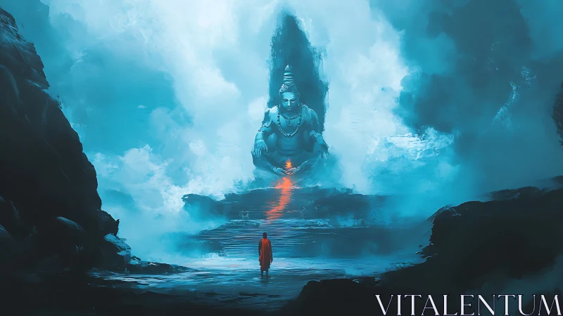 Monk approaches colossal mist-veiled deity along reflective steps
