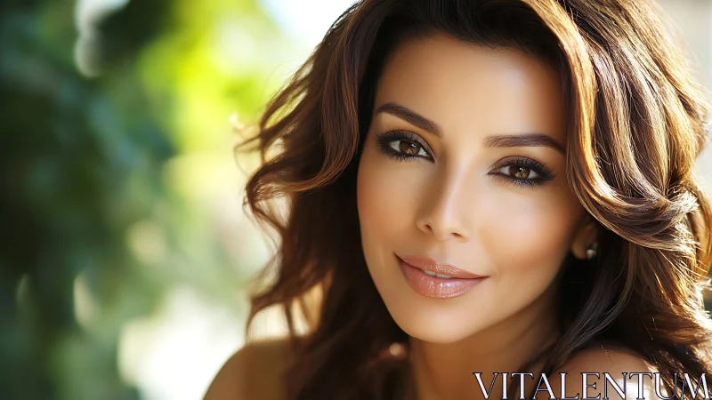 Elegant woman with wavy hair in natural sunlight, portrait style.