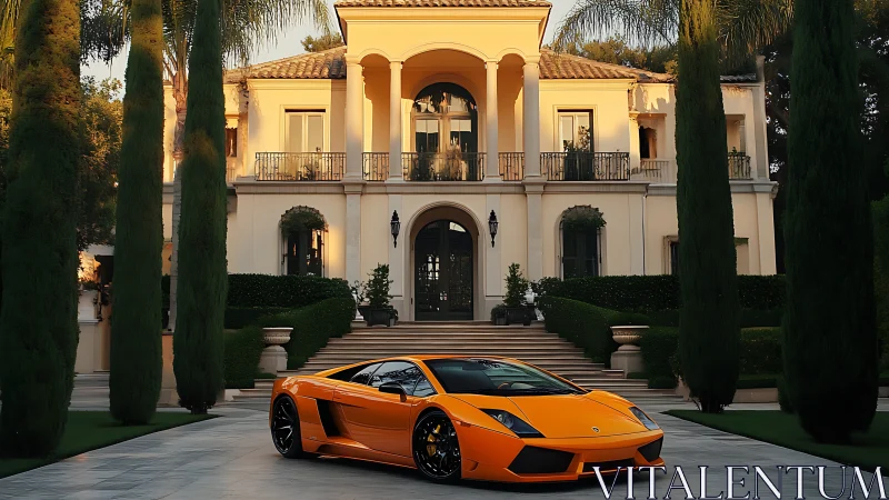 Orange sports car is parked before symmetrical villa fa&ccedil;ade