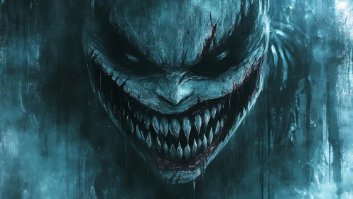 Sinister monstrous grin emerges from icy blue darkness.