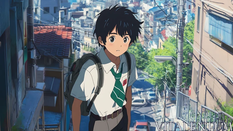 Schoolboy on sunlit hillside street in dense cityscape.
