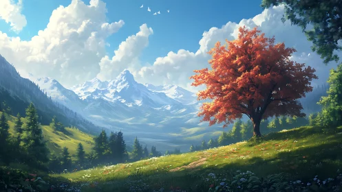 Solitary red tree in alpine valley with distant snow peaks.