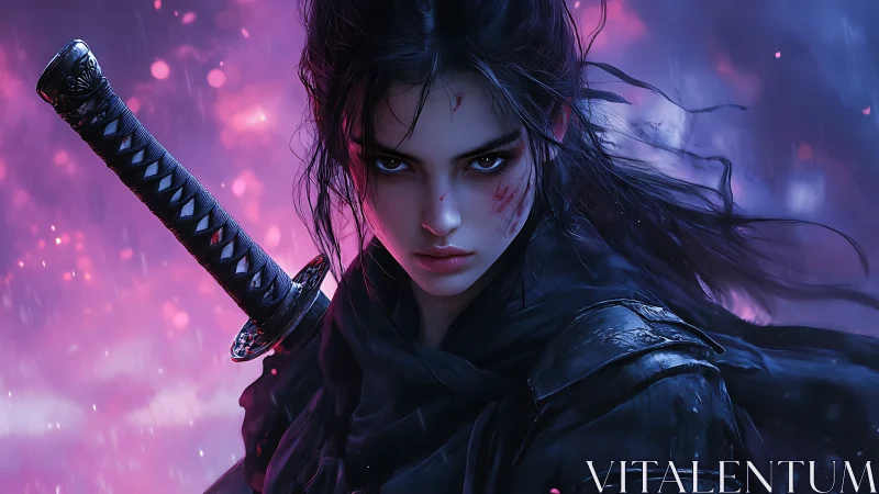 Battle-scarred female warrior glares under neon storm light