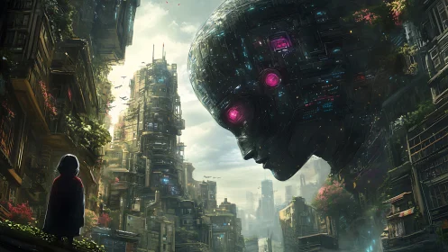 Colossal cybernetic face looming over verdant city canyon.