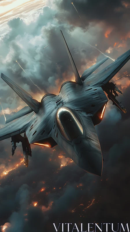 Sleek fighter jet cuts through stormy skies with vivid power