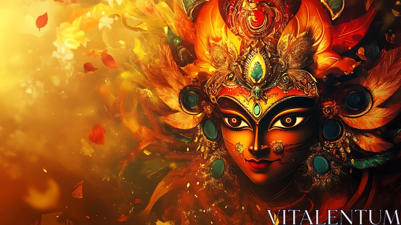 Radiant goddess portrait wrapped in firelight and petals.