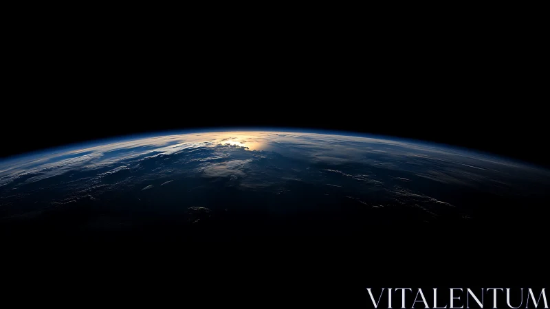 Curved Earth horizon from orbit at tranquil space dawn.