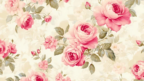 Botanical floral composition with varied pink and pale rose blooms arranged across cream background