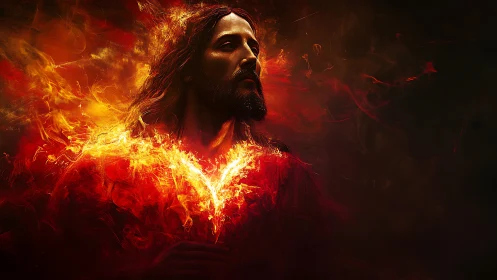 Fiery robed figure with radiant heart of living flames.