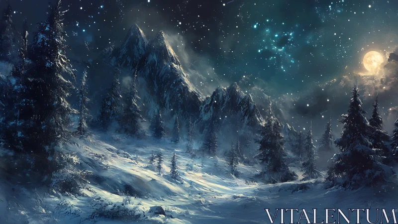 Moonlit alpine snowfield under luminous winter constellations.