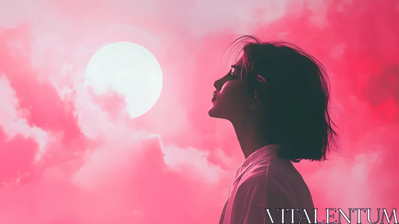 Silhouette woman against pink sky and glowing sunscape.