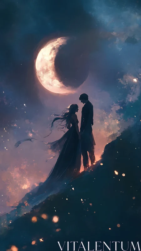 Digital painting of lunar-lit couple in atmospheric silhouette.