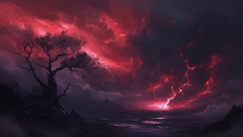 Crimson storm horizon with solitary twisted coastal tree.
