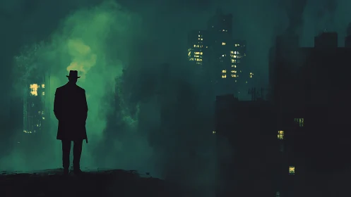 Silhouetted figure observes foggy high-rise city at night