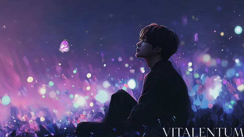 Silhouetted figure watching glowing butterfly at dusk.