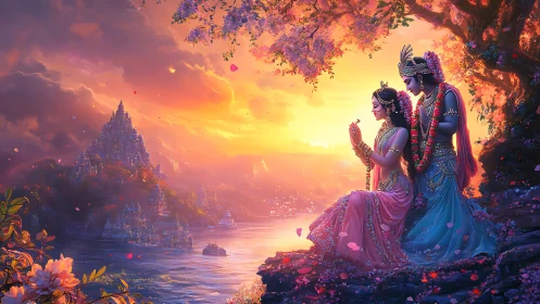 Digital painting of divine lovers by luminous river sunset.