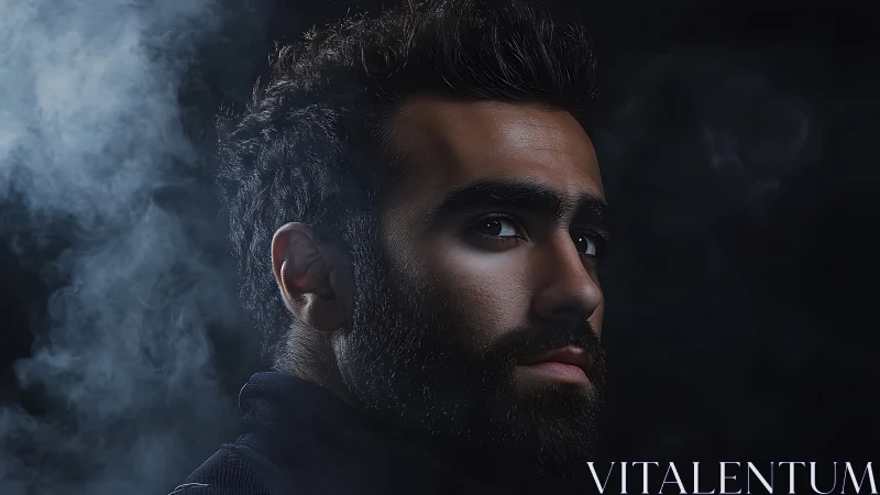 Moody low key male portrait emerges from swirling cinematic smoke