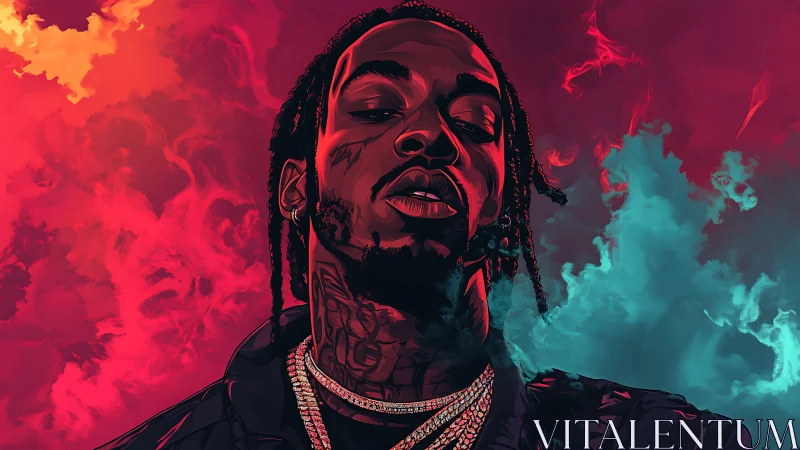 Digital portrait of rapper over red and teal smoke clouds.