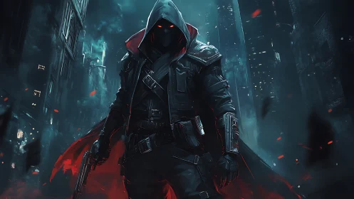 Hooded urban vigilante in neon-lit dystopian stormscape.