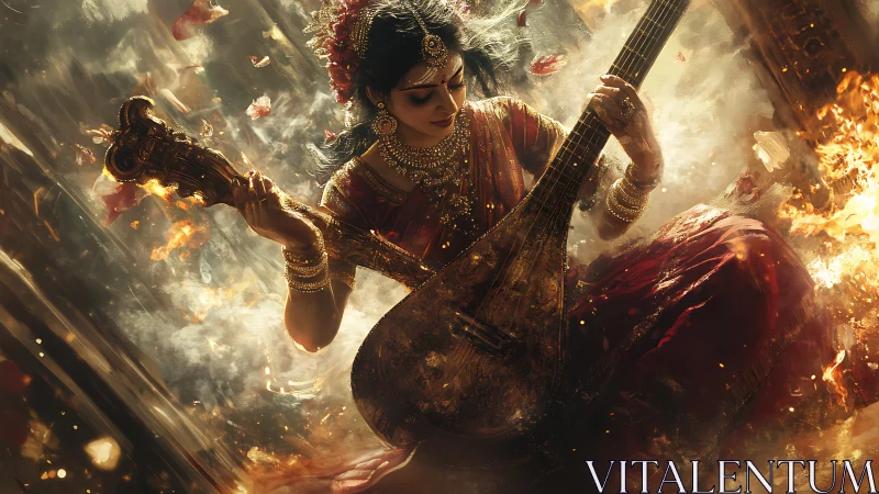 Indian musician in ornate dress playing veena amid flames.