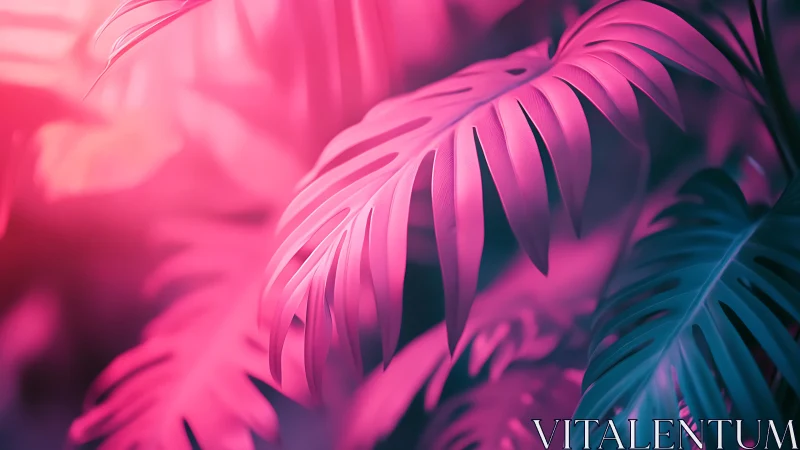 Neon monstera foliage study in saturated digital gradient lighting.