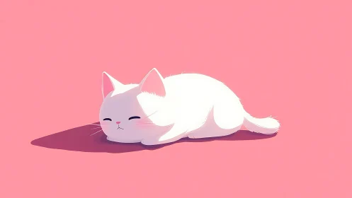 Sleeping White Cat on Pink Background. Serene Illustration.