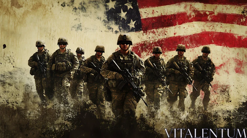 Gritborn soldiers stride beneath a weathered American banner.