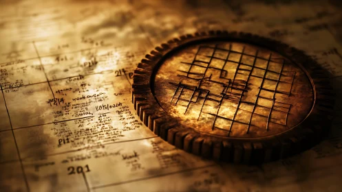 Circular engraved grid device rests on annotated schematic