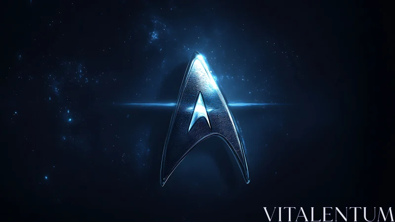 Metallic sci fi delta emblem glows in deep blue space