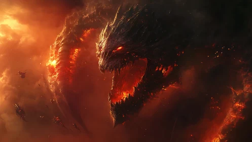 Inferno serpent eclipses sky in roaring wildfire crown.