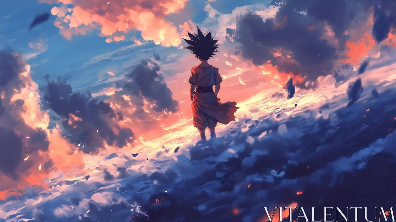 Silhouetted figure stands over cloudscape under saturated sky