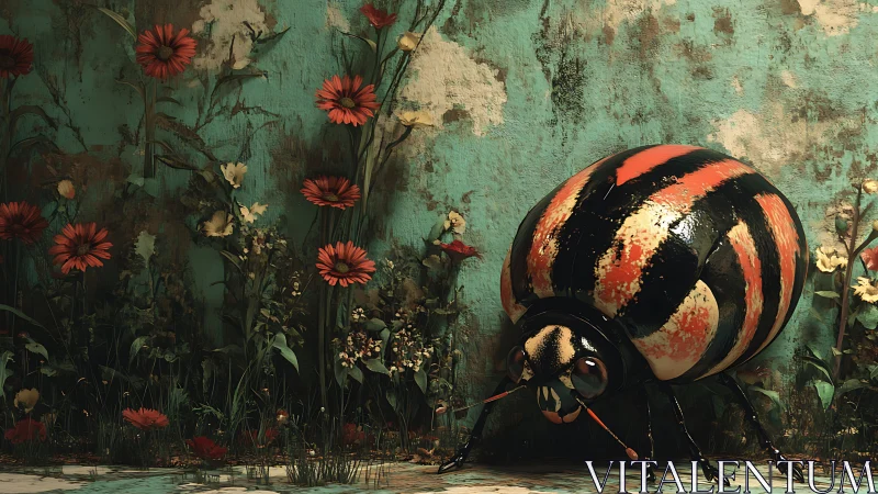 Giant striped beetle exploring a secret wildflower wall.