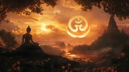 Meditative silhouette under luminous Om sigil at sunset.