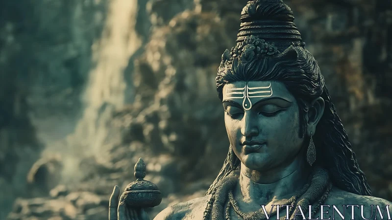 Serene stone deity sculpture beside misted waterfall cliffs.