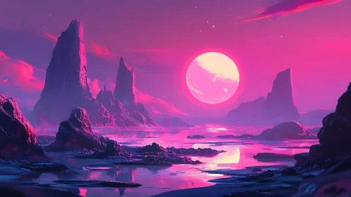 Chromatic alien littoral under oversized dual-phase moon.