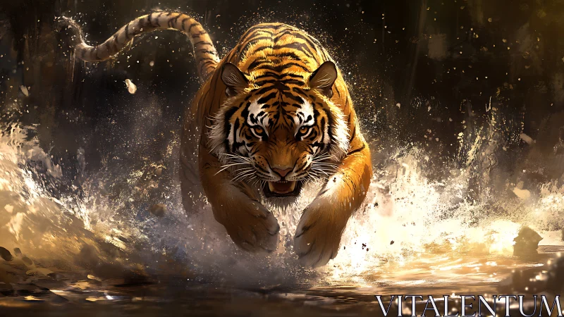 Roaring tiger charging through radiant golden water.