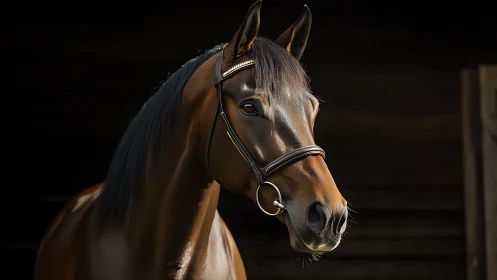 Stallion in shadowed stable glow, sculpted by soft light.
