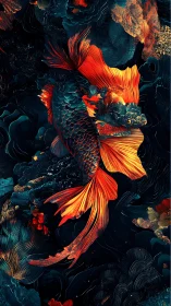 Chromatic koi vortex rendered in high-contrast digital strata.