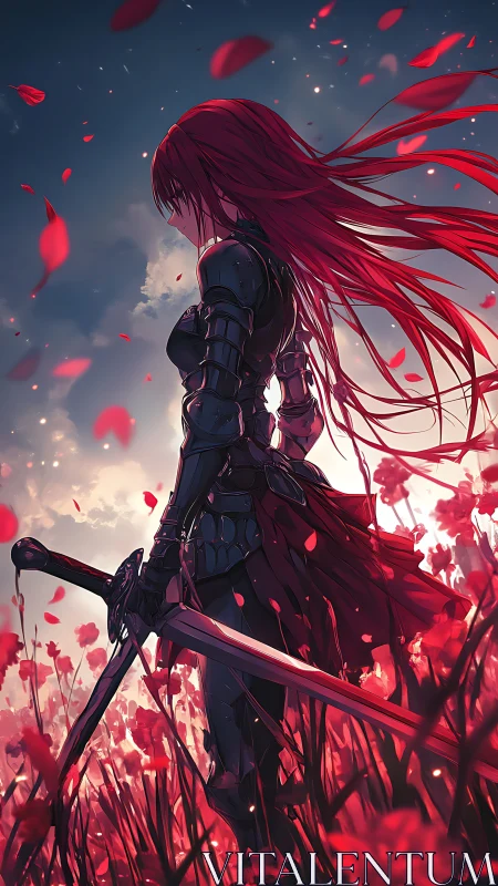 Armored anime swordswoman stands in crimson poppy battlefield
