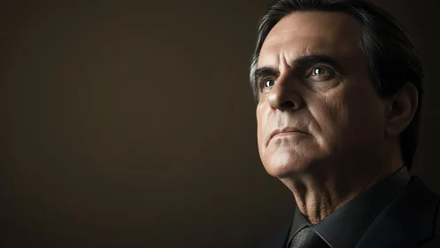 Strong gaze of an older man shines against a dark backdrop