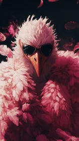 Plush pink bird icon strides through cinematic spotlight swagger.