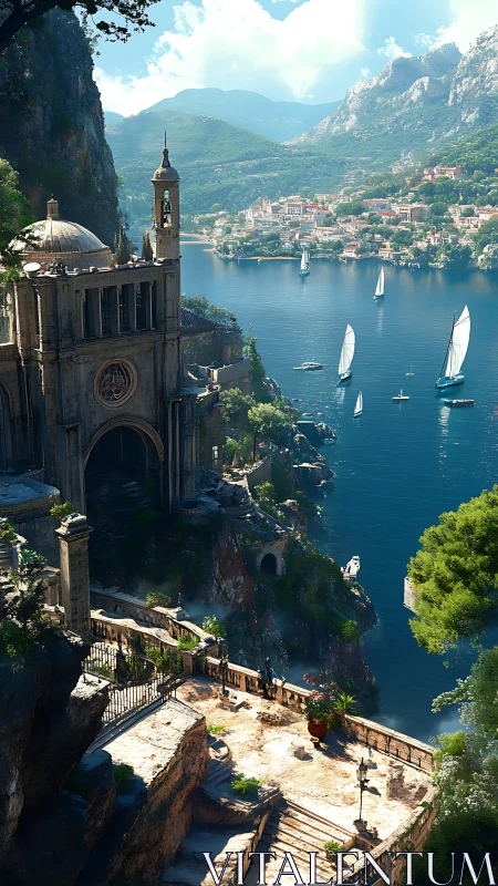 Clifftop cathedral overlooks sunlit Mediterranean harbor