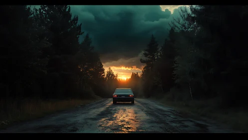 Car on wet forest road under dense sunset clouds.