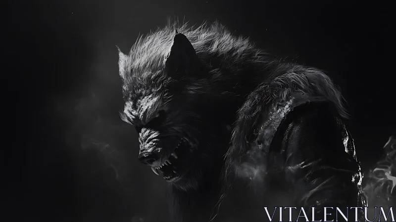 Shadowed werewolf mid-roar under moody moonlit smoke.
