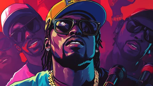 Bold neon hip-hop portrait radiates concert-stage energy.