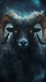Dark horned ram portrait with glowing eyes in misty haze.