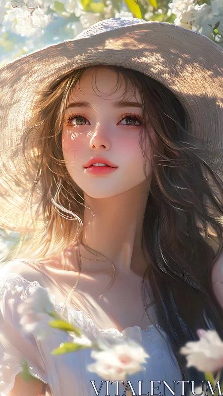 Sunlit anime portrait renders soft bokeh and floral atmosphere